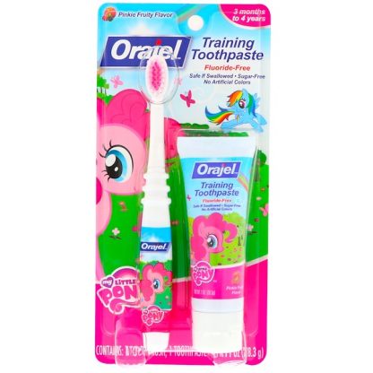 ORAJEL, MY LITTLE PONY TRAINING TOOTHPASTE WITH TOOTHBRUSH, FLOURIDE FREE, PINKIE FRUITY FLAVOR, 3 MONTHS TO 4 YEARS, 1 OZ / 28.3g