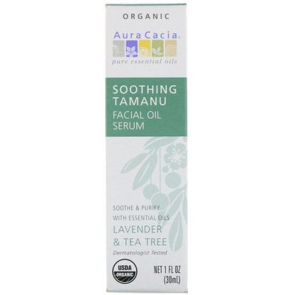 Aura Cacia, Organic Soothing Tamanu Facial Oil Serum, Lavender & Tea Tree, 1 fl oz (30 ml)